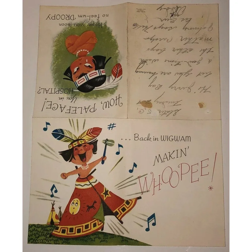 Vintage 50s Rust Craft Get Well Greeting Card Indian Paleface 4x5 Whoopee Funny